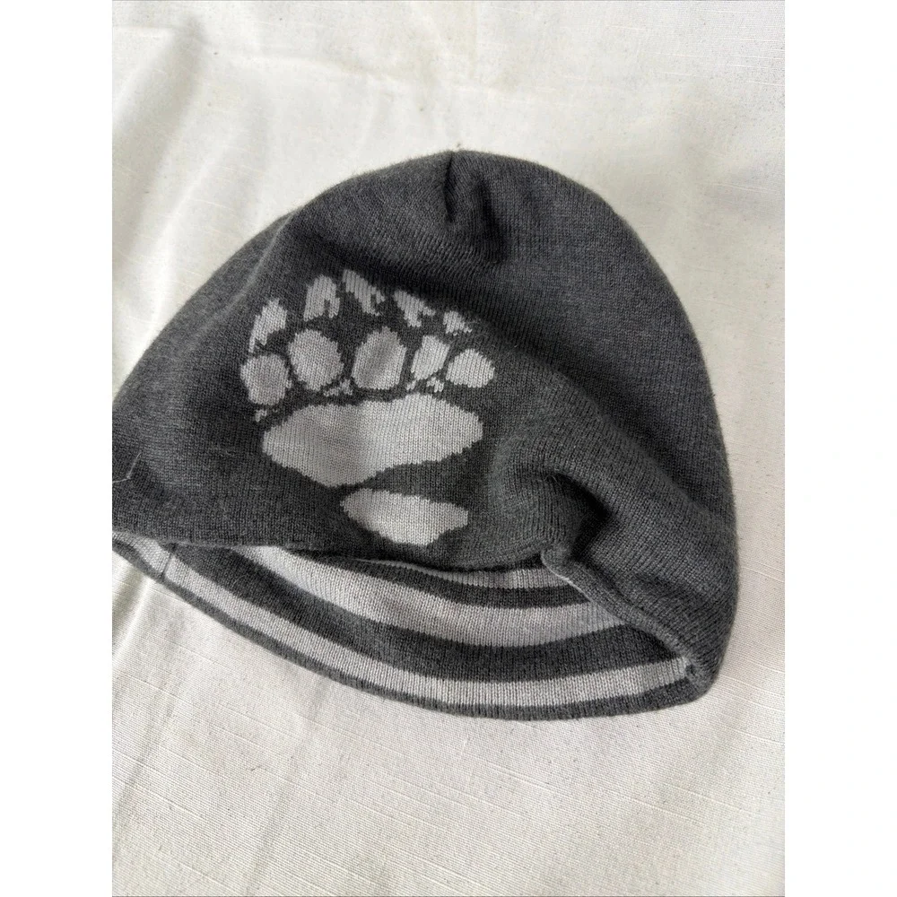 Patagonia Reversible Beanie Hat Grey Striped Bear Paw Print Knit Winter Cap